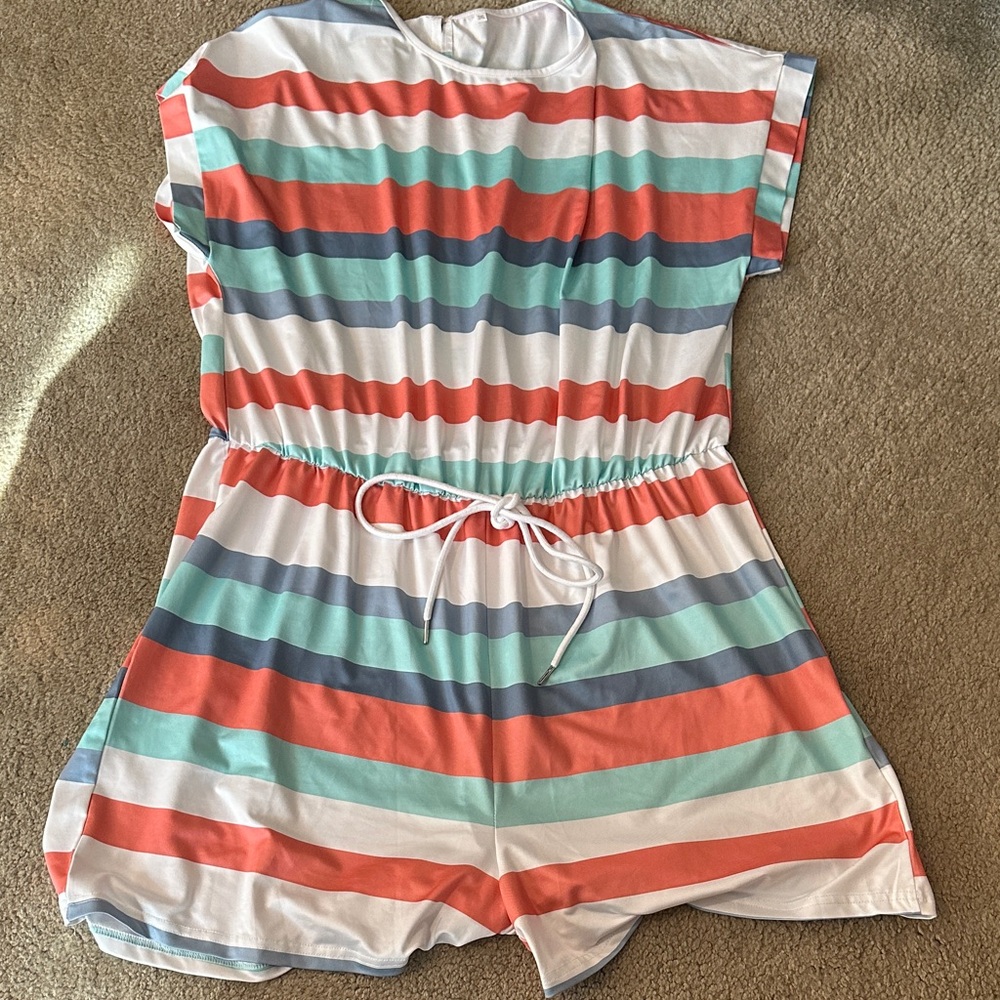 SHEIN Coral, Mint & Light Blue Striped Drawstring Romper